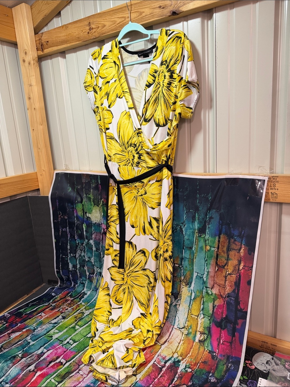 Ashley Stewart Yellow Floral faux Wrap Maxi Dress with Black Tie plus size